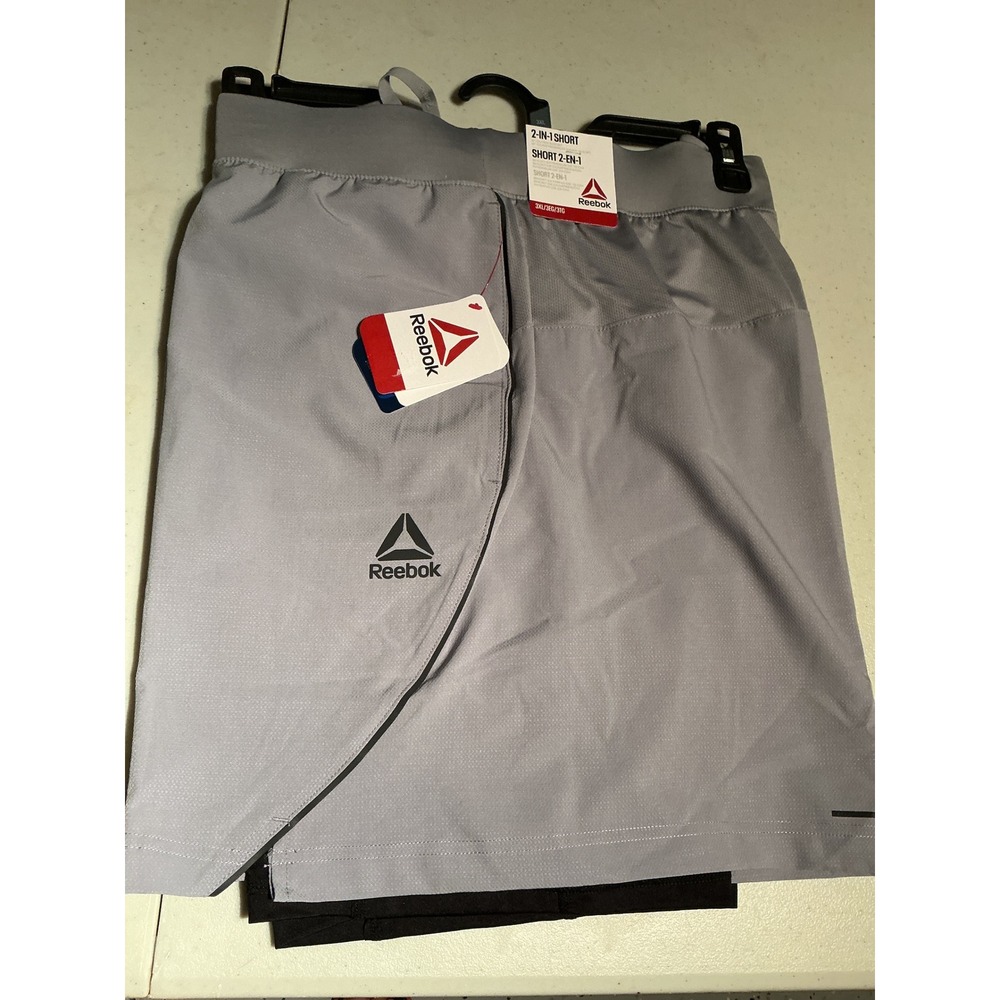 Reebok Mens 2-in-1 Running Shorts Grey Black RBK-DRY Reflective 3XL RDM261SH12